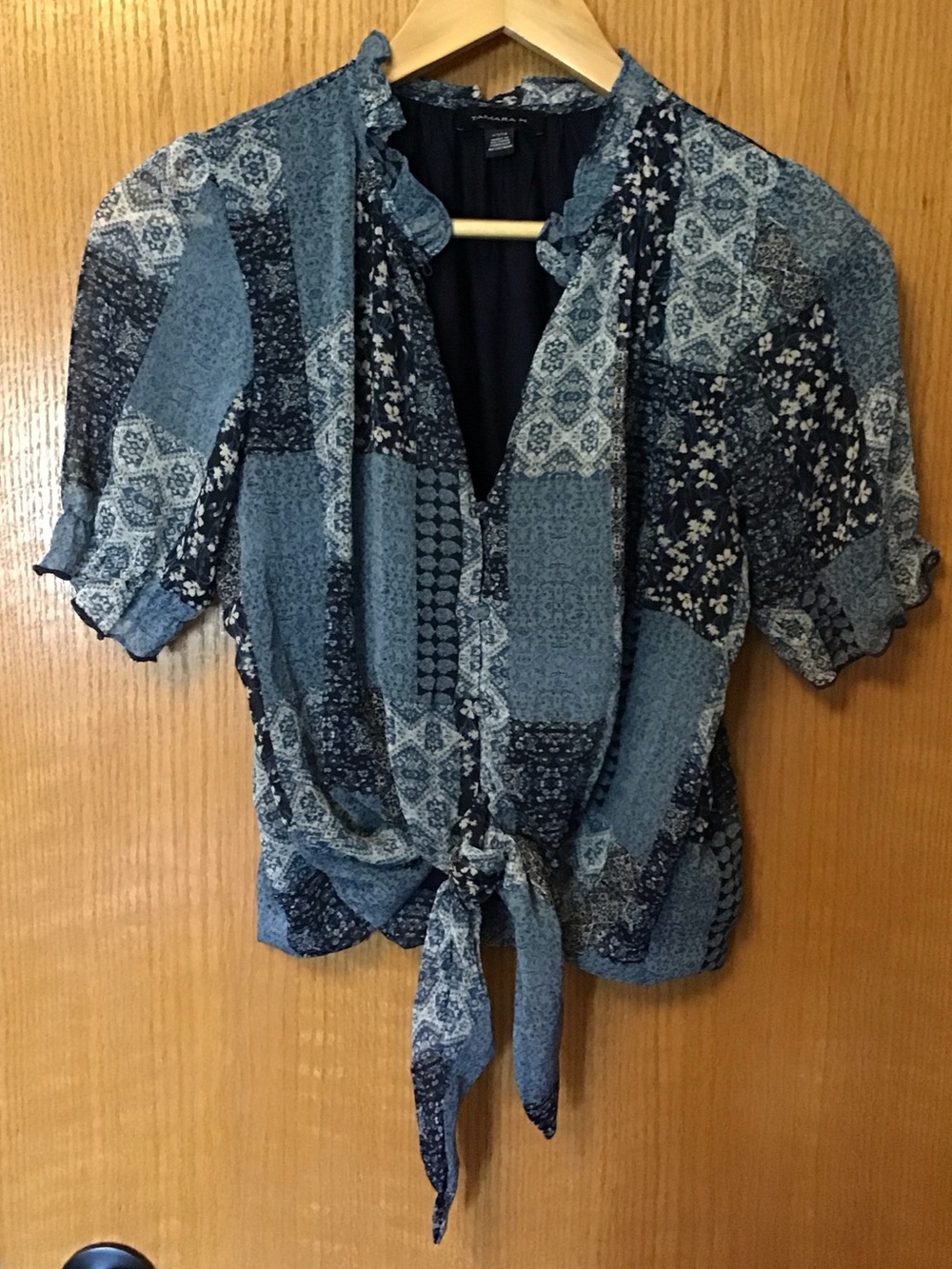 Women's Blue Patchwork Tie-Front Top